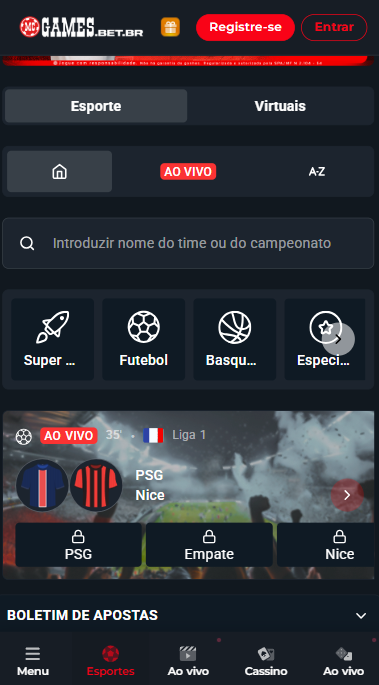 Seção de esportes no app da MC Games.