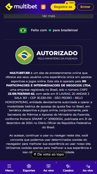 Dados de licença de operação da Multibet no rodapé do site de apostas.