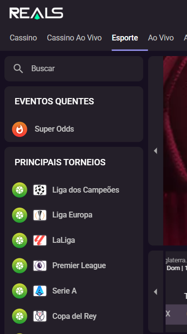 Seção de apostas espertivas no site da Realsbet.