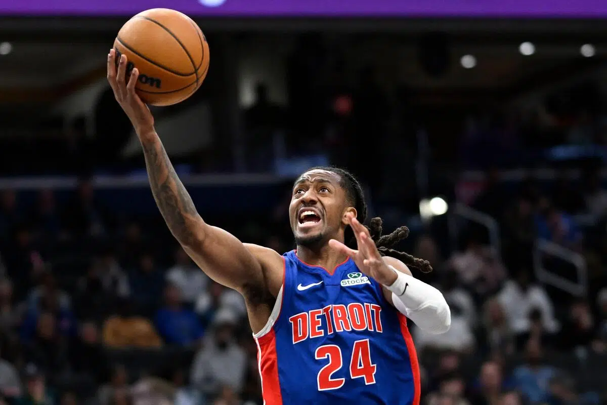 Daniss Jenkins (Detroit Pistons) em partida contra o Washington Wizards, no dia 17 de março de 2026 (Crédito: Associated Press / Alamy Stock Photo) Palpite Detroit Pistons x Golden State Warriors – NBA – 20/03/2026