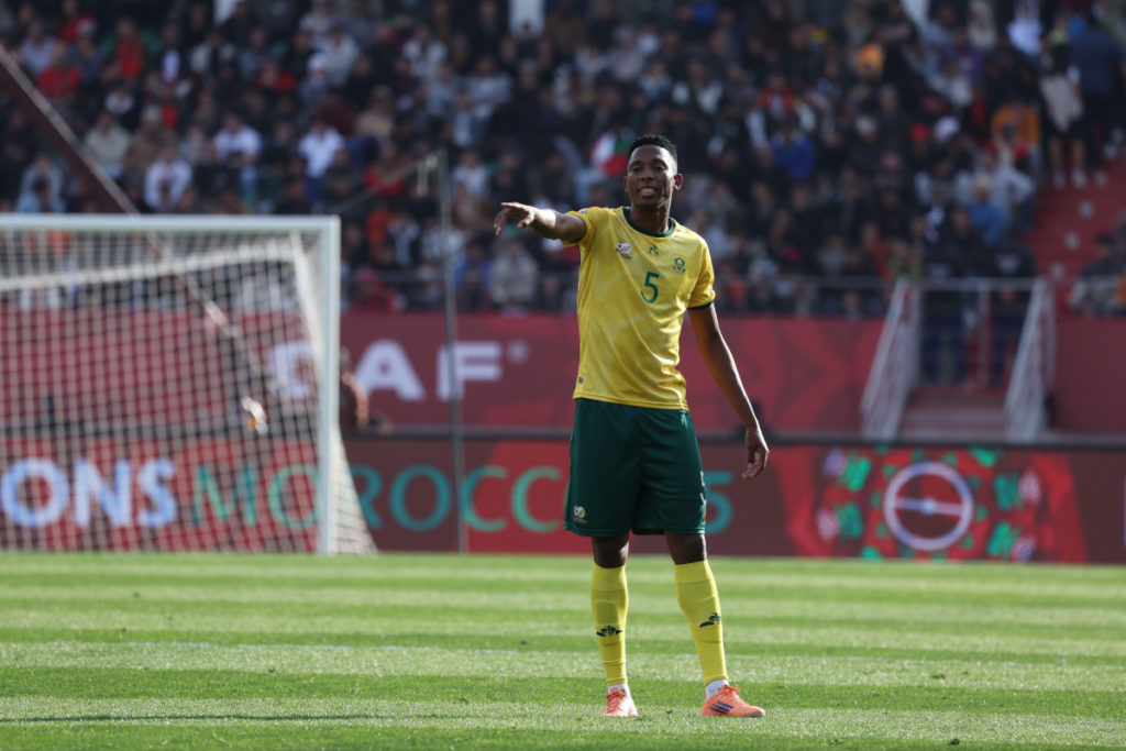 AGADIR, MOROCCO - December 26, 2025 - Thalente Mbatha of South Africa National football team, full lenght in home kit during the match between Egypt n Palpite África do Sul