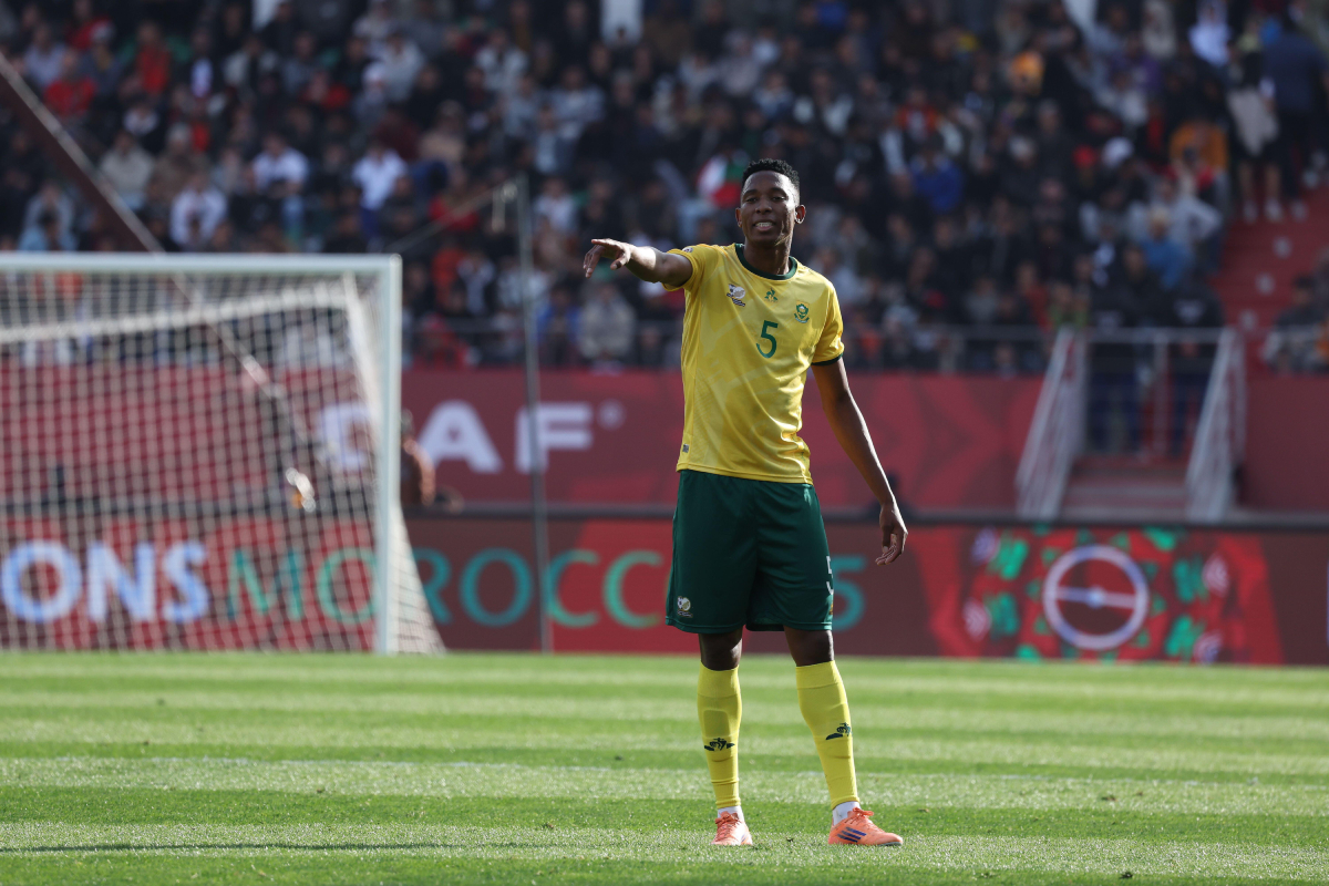 AGADIR, MOROCCO - December 26, 2025 - Thalente Mbatha of South Africa National football team, full lenght in home kit during the match between Egypt n Palpite África do Sul x Nicarágua – Amistoso – 29/05/2026