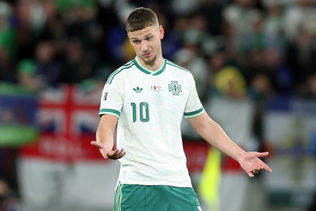 Bergamo, Italy - March 26, 2026: Jamie Donley (Forward) of Northern Ireland seen in action during football match FIFA WORLD CUP - European Qualifie Palpite Irlanda