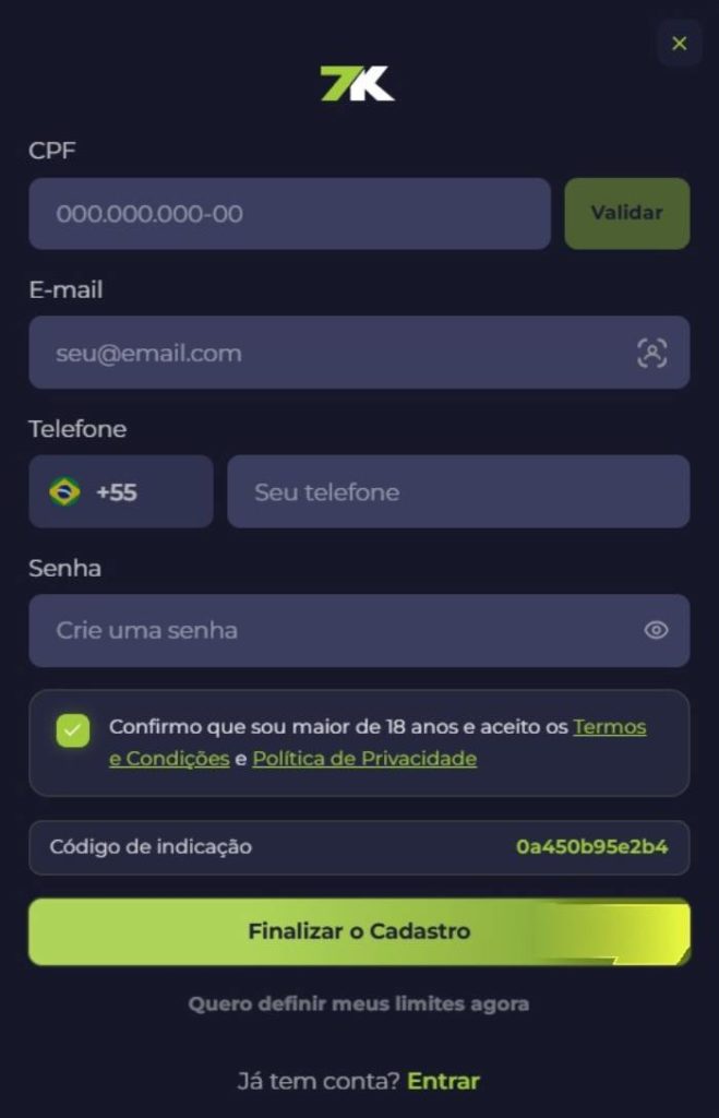 Crie Sua Conta Na 7K Bet 7K Bet Cadastro
